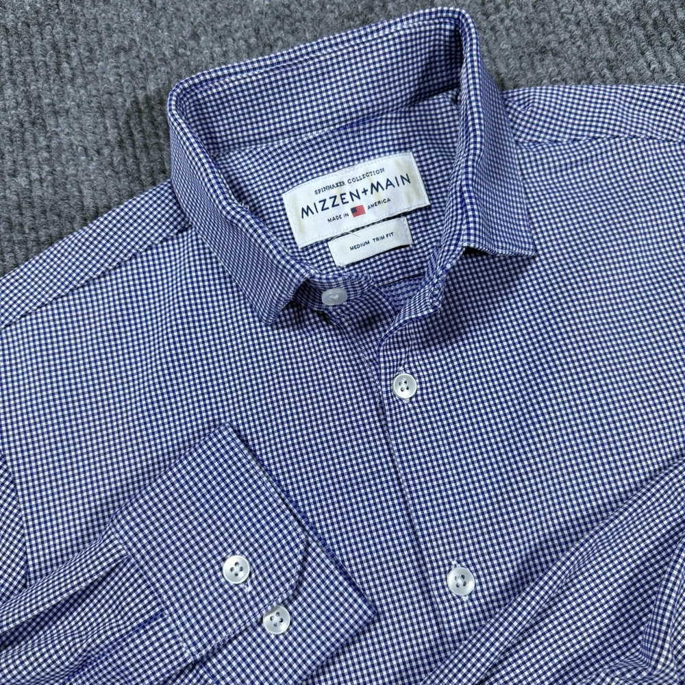 Mizzen+Main Spinnaker Shirt Mens Medium Trim Fit BlueWhite Gingham Check USA